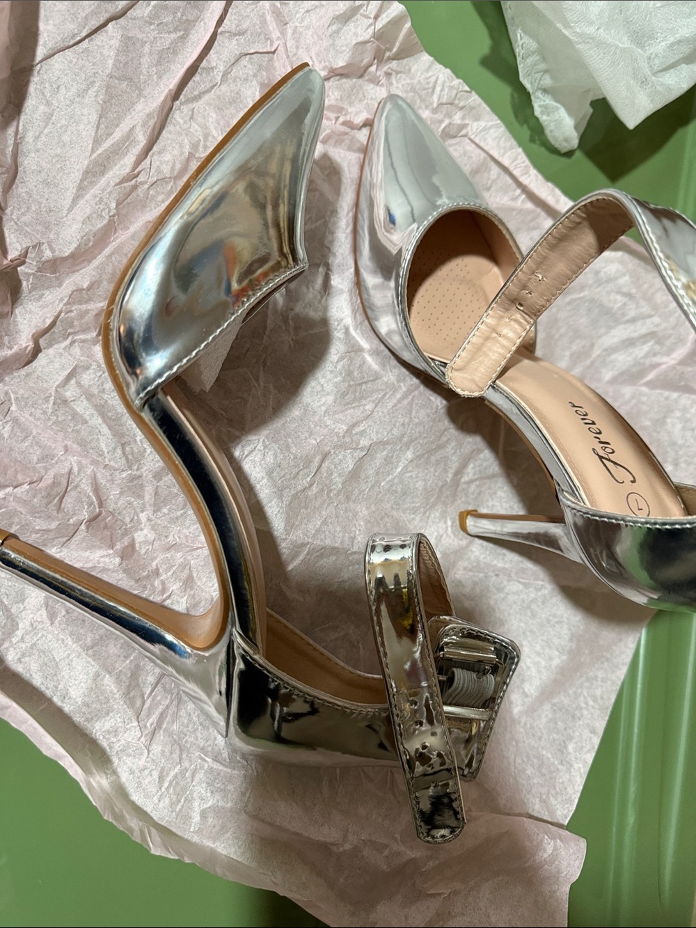 Silver Metallic Pointed-Toe Stiletto Heels